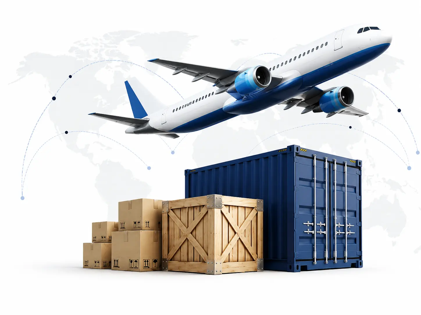 Air cargo airplane flying above shipping containers and parcels